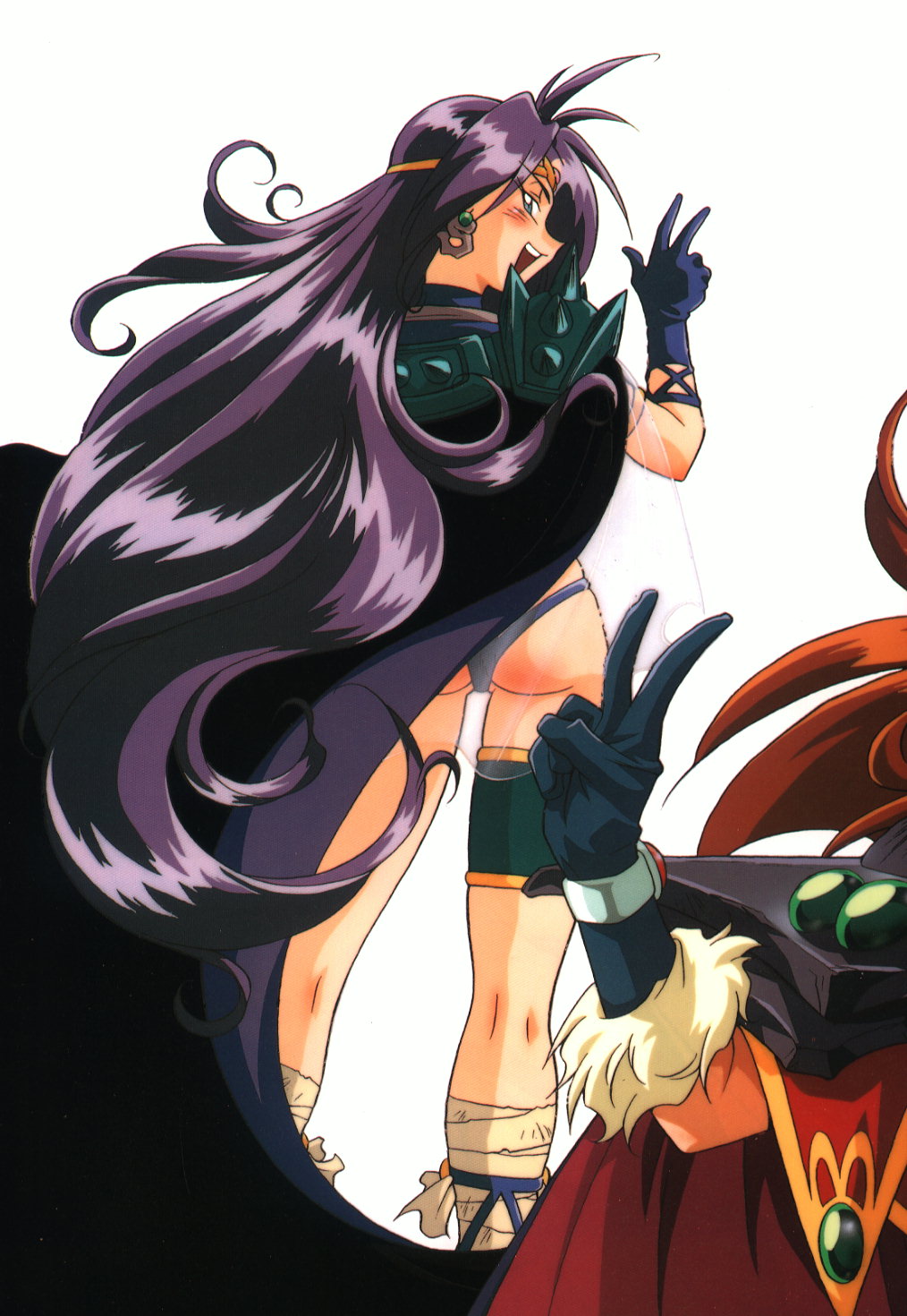 90s araizumi_rui armlet armor ass bandages blue_eyes blush cape circlet earrings fur gloves highres jewelry kneepits legs lina_inverse long_hair looking_back multiple_girls naga_the_serpent orange_hair purple_hair revealing_clothes scan see-through slayers thigh_strap turtleneck v very_long_hair