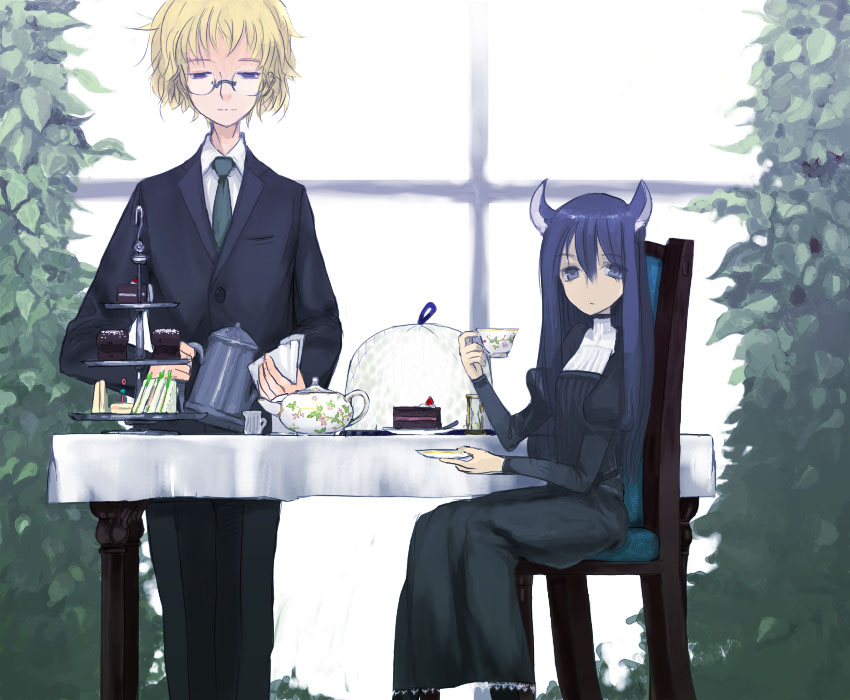 1girl animal_ears blonde_hair blue_eyes butler cake cat_ears chair creamer_(vessel) cup dress enchi food glasses long_hair necktie original pastry plate purple_hair sandwich sitting slice_of_cake standing table tablecloth tea tea_party teacup teapot tiered_tray