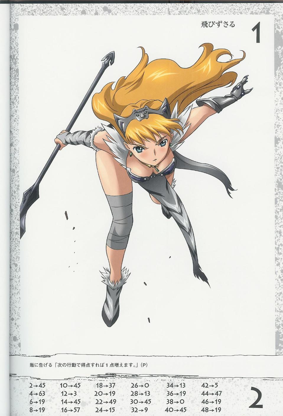 angry armor bent_over blonde_hair breasts cleavage earrings elina fur hairband highres hisayuki_hirokazu jewelry loincloth long_hair medium_breasts polearm queen's_blade solo spear weapon