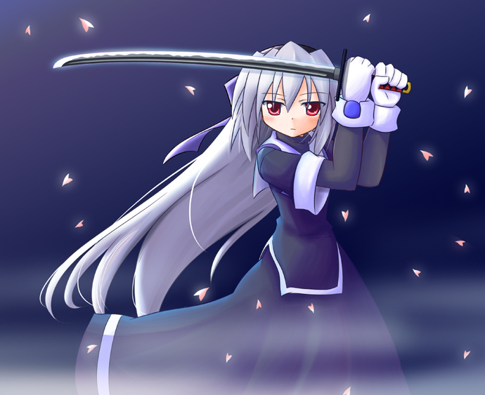 albino copyright_request dress gloves long_hair makino_(ukiuo) red_eyes ribbon solo sword weapon white_hair