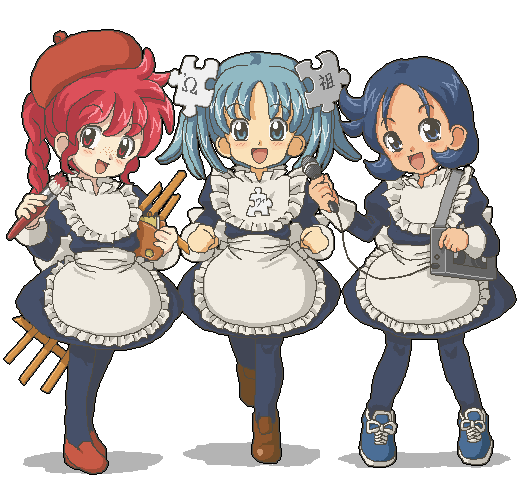 :d apron art_brush bangs beret blue_dress blue_eyes blue_hair blue_legwear blush braid child clenched_hand commons-tan cross-laced_footwear dress easel flat_chest flipped_hair freckles frilled_apron frills hair_ornament hat head_tilt holding kasuga_(kasuga39) leg_lift lineup loafers long_hair long_sleeves maid microphone multiple_girls oekaki omega_symbol open_mouth paintbrush pantyhose parted_bangs puzzle_piece quote-tan red_eyes red_hair shadow shoes short_dress short_hair short_twintails simple_background sleeve_cuffs smile sneakers standing strap tape_recorder twintails waist_apron white_background wikipe-tan wikipedia
