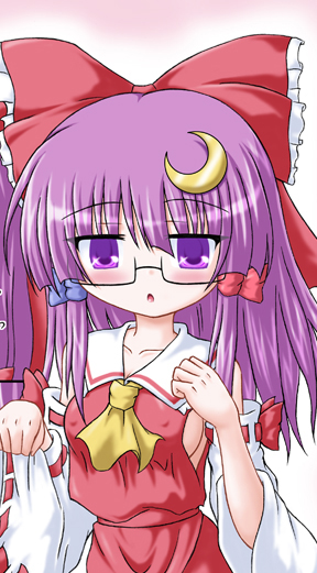 bespectacled breasts cosplay covered_nipples crescent crescent_hair_ornament detached_sleeves glasses hair_ornament hakurei_reimu hakurei_reimu_(cosplay) inasaki_shirau medium_breasts patchouli_knowledge purple_eyes purple_hair sideboob solo touhou