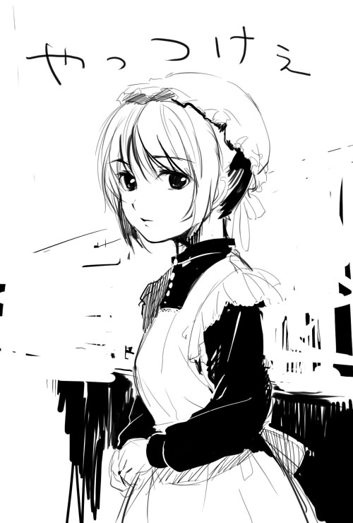 apron artist_request dress greyscale hat long_sleeves looking_at_viewer maid mob_cap monochrome original short_hair simple_background solo upper_body victorian_maid white_background