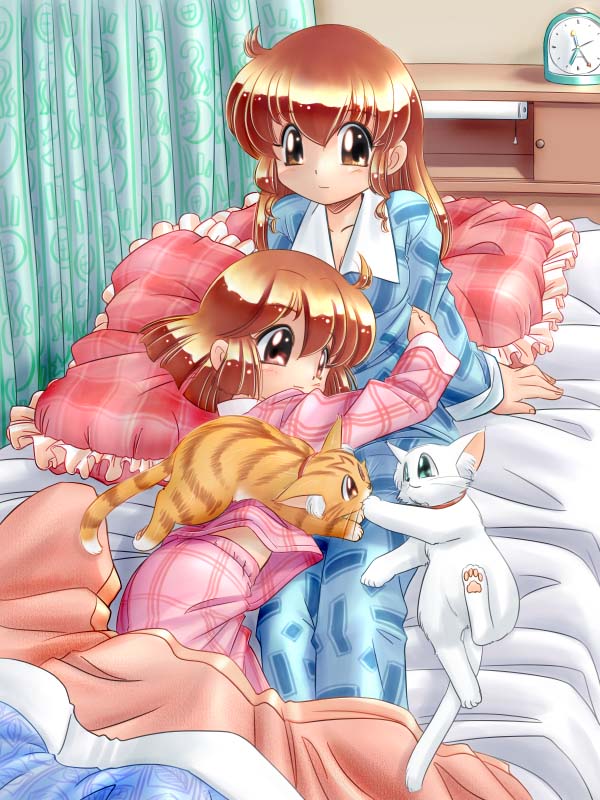 bed cat frilled_pillow frills multiple_girls original pajamas pillow siblings sisters zan_nekotama