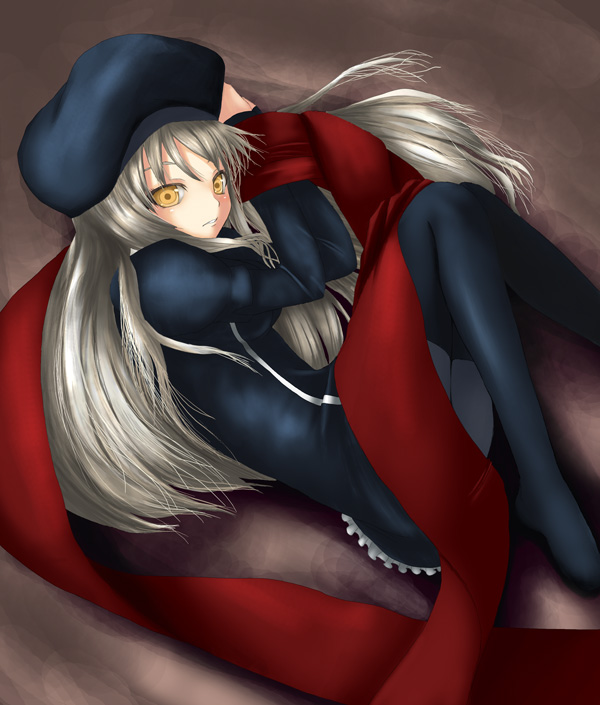 bangs bdsm black_dress black_hat black_legwear blush bondage bound bound_wrists caren_hortensia chiko_(kanhogo) dress fate/stay_night fate_(series) fetal_position hat juliet_sleeves layered_sleeves legs_together long_hair long_sleeves looking_at_viewer lying no_shoes on_ground on_side pantyhose parted_lips puffy_sleeves red_ribbon ribbon shroud_of_magdalene silver_hair solo tsurime very_long_hair yellow_eyes
