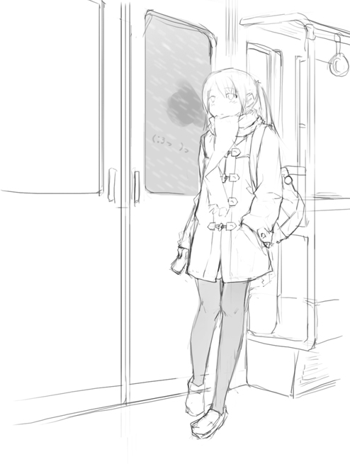 coat copyright_request greyscale ground_vehicle monochrome ooji pantyhose scarf sketch solo train_interior
