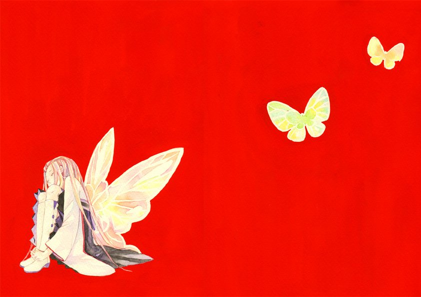 bad_id bad_pixiv_id boots bug butterfly copyright_request insect japanese_clothes jpeg_artifacts kuko long_hair red red_background solo wings
