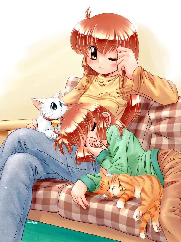cat lap_pillow multiple_girls original siblings sisters sleeping sleepy zan_nekotama