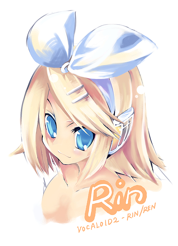 :3 amanooni_touri blonde_hair blue_eyes bow character_name hair_bow hair_ornament hairclip headphones kagamine_rin short_hair simple_background solo vocaloid white_background
