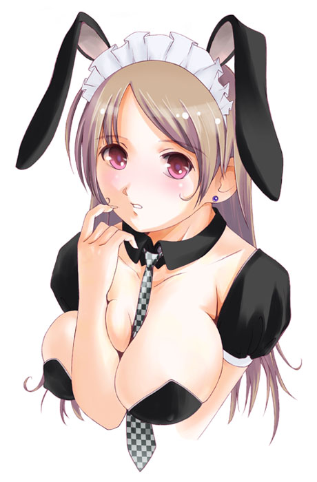 animal_ears bangs between_breasts blush breasts brown_hair bunny_ears checkered checkered_neckwear cleavage collarbone detached_collar earrings extra_ears hand_between_breasts jewelry large_breasts long_hair looking_at_viewer maid_headdress necktie necktie_between_breasts original parted_bangs parted_lips pink_eyes puffy_short_sleeves puffy_sleeves short_sleeves simple_background solo stud_earrings upper_body white_background yurikuta_tsukumi