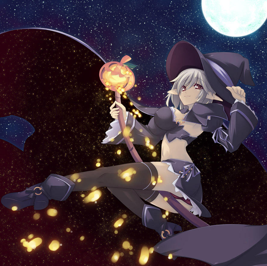 broom broom_riding full_moon halloween hat moon night night_sky original shimakaze sky solo thighhighs witch_hat