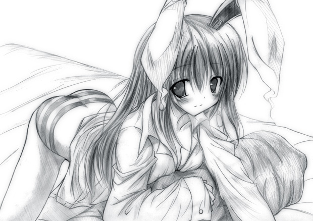 animal_ears artist_request bent_over bunny_ears greyscale monochrome panties reisen_udongein_inaba solo striped striped_panties touhou underwear