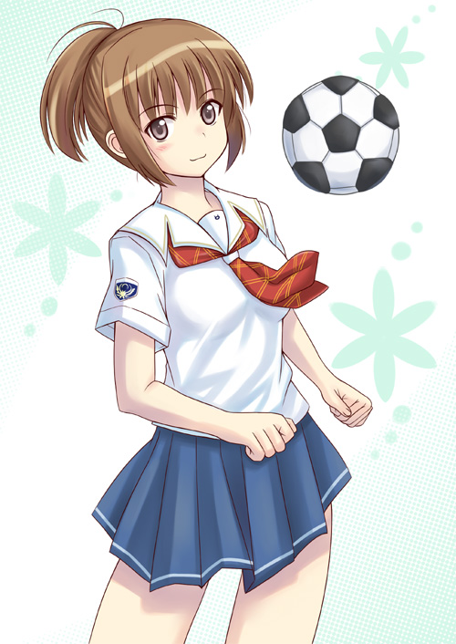 1girl ball breasts brown_eyes brown_hair female necktie short_hair skirt small_breasts soccer soccer_ball solo tie uniform