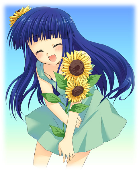 flower furude_rika fuyuichi green_skirt higurashi_no_naku_koro_ni skirt solo sunflower