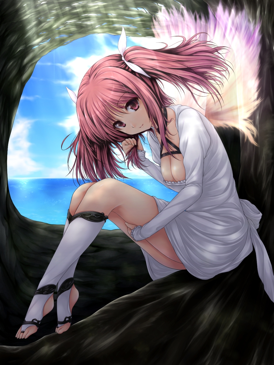 breasts cleavage dress highres original red_hair small_breasts solo thighs uni8 wings