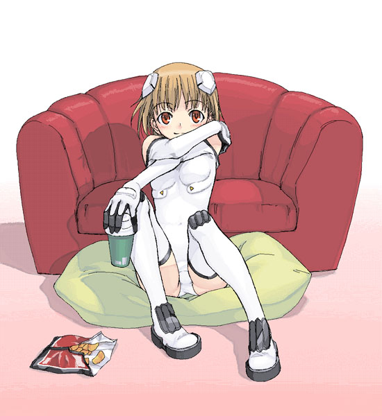 bangs bare_shoulders blush boots breasts chips couch covered_navel crossed_arms cup drink elbow_gloves food gloves gradient gradient_background hand_on_own_shoulder headgear holding indoors knees_up leotard light_brown_hair light_smile looking_at_viewer motion_slit orange_eyes pillow pilot_suit sakurano_otoha satou_atsuki short_hair sitting sky_girls small_breasts solo thigh_boots thighhighs white_footwear white_gloves white_legwear white_leotard