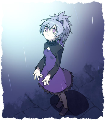 ankou_misa darker_than_black dress lowres pantyhose purple_dress solo yin