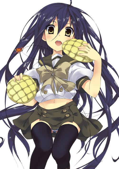 alastor_(shakugan_no_shana) black_legwear blue_hair bread food jewelry long_hair looking_at_viewer melon_bread mizuki_makoto navel open_mouth panties pendant school_uniform serafuku shakugan_no_shana shana simple_background skirt striped striped_panties thighhighs underwear upskirt very_long_hair white_background zettai_ryouiki