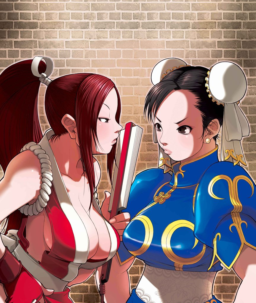 bare_shoulders black_eyes black_hair breasts brown_hair bun_cover capcom china_dress chinese_clothes chun-li cleavage closed_fan confrontation crossover double_bun dress earrings eye_contact eyeshadow falcoon fan fatal_fury folding_fan jewelry large_breasts lips long_hair looking_at_another makeup multiple_girls no_bra ponytail red_hair rope sash shiranui_mai sideboob snk street_fighter svc_chaos the_king_of_fighters