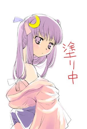 bangs bare_shoulders blunt_bangs crescent crescent_hair_ornament from_side hair_ornament japanese_clothes kimono long_hair looking_at_viewer looking_to_the_side lowres off_shoulder patchouli_knowledge purple_eyes purple_hair solo touhou yuu_(kfc)