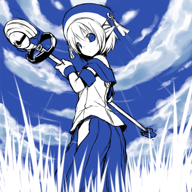 :o armband bare_shoulders blue blue_background blue_hakama cloud cloudy_sky day from_behind gloves grass hakama hat japanese_clothes looking_back looking_down monochrome phantasy_star phantasy_star_universe pointy_ears shiratama_dango short_hair sketch sky sleeveless solo staff standing weapon