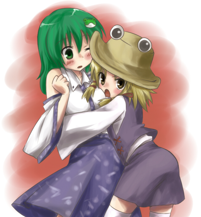 bangs hat kiji_(manekinuko-tei) kochiya_sanae moriya_suwako multiple_girls thighhighs touhou