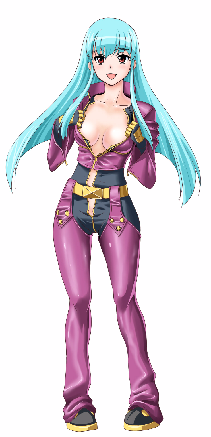 aqua_hair blush breasts chaps cleavage g-tetsu highres kula_diamond long_hair medium_breasts no_bra open_clothes open_shirt red_eyes shirt snk solo the_king_of_fighters unzipped