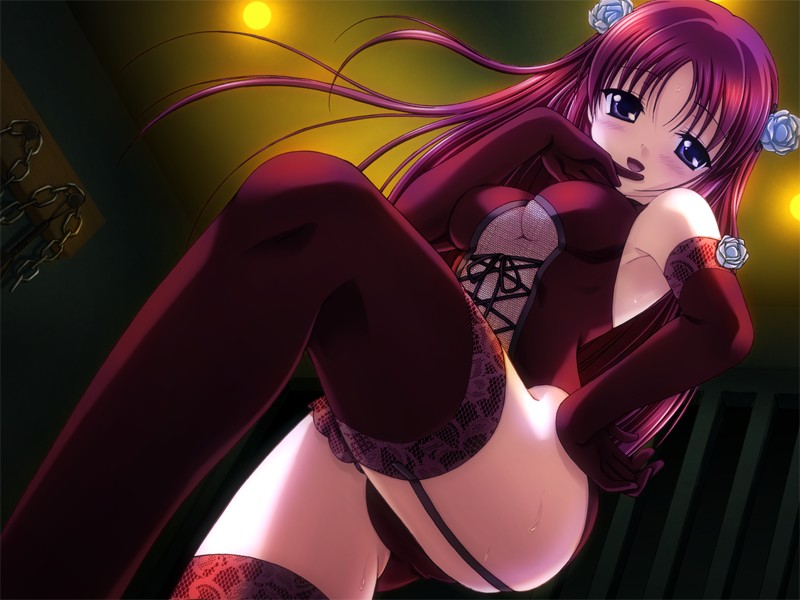 artist_request bdsm blue_eyes breasts da_capo da_capo_i dominatrix elbow_gloves femdom flower garter_straps gloves lace lace-trimmed_thighhighs long_hair looking_at_viewer medium_breasts open_mouth red_hair red_leather rose shirakawa_kotori solo thighhighs underboob