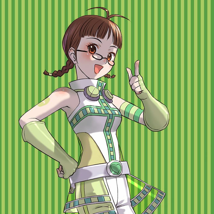 akizuki_ritsuko antenna_hair belt braid brown_eyes brown_hair cosmic_&amp;_funny_(idolmaster) glasses gloves idolmaster idolmaster_(classic) idolmaster_1 pointing sakamoto_mineji twin_braids