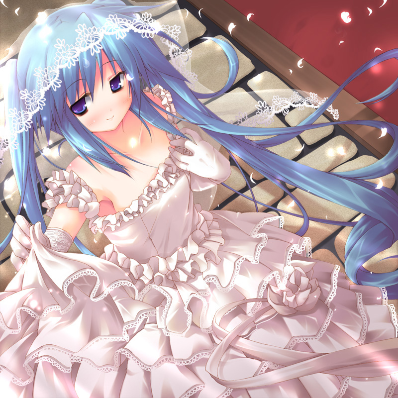 blue_eyes blue_hair bridal_veil bride dress hatsune_miku long_hair solo twintails utsurogi_angu veil very_long_hair vocaloid wedding_dress