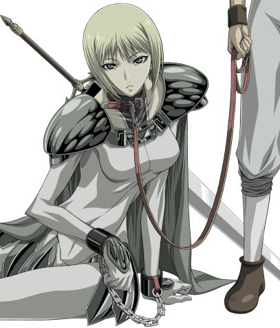 armor blonde_hair chain clare_(claymore) claymore claymore_(sword) collar cuffs leash lowres pauldrons short_hair silver_eyes sitting sword takapiko weapon