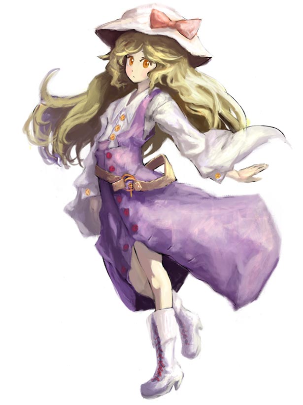 adapted_costume belt binayu boots buckle dress full_body hat knee_boots long_sleeves looking_at_viewer purple_dress simple_background solo standing sun_hat touhou watatsuki_no_toyohime white_background white_footwear wide_sleeves