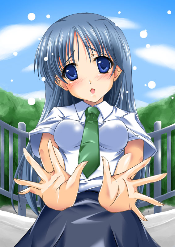 :o areolae blue_eyes blue_sky blush cloud day green_neckwear head_tilt kajiwara_sora large_areolae maho_(yakimorokoshi) necktie open_mouth outdoors outstretched_arms railing silver_hair sketchbook_full_colors sky solo spread_fingers