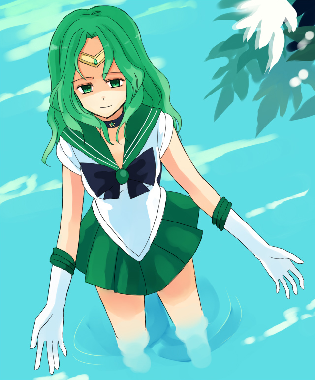 1girl bishoujo_senshi_sailor_moon choker gloves green_eyes green_hair kaiou_michiru sailor_neptune school_uniform seifuku serafuku solo water