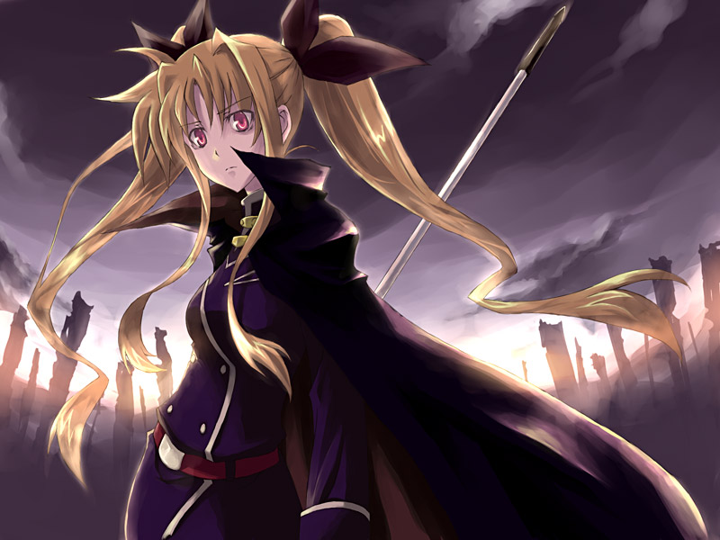 bardiche belt blonde_hair buckle buttons cape double-breasted fate_testarossa holding holding_weapon long_hair long_sleeves looking_at_viewer lyrical_nanoha mahou_shoujo_lyrical_nanoha_strikers nekokun polearm red_eyes rod sidelocks solo staff very_long_hair weapon