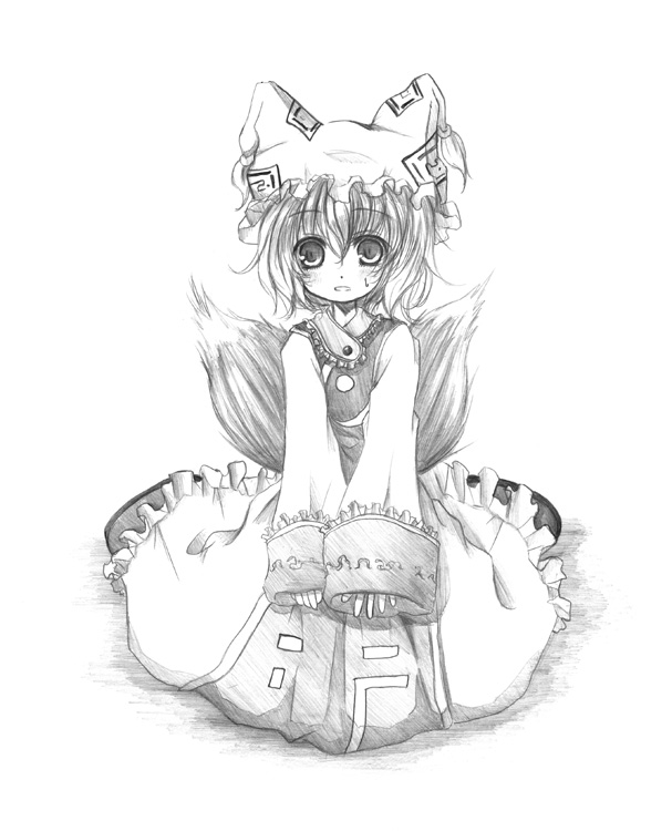 animal_ears fang fox_tail greyscale kurona monochrome sketch solo surcoat tail touhou yakumo_ran
