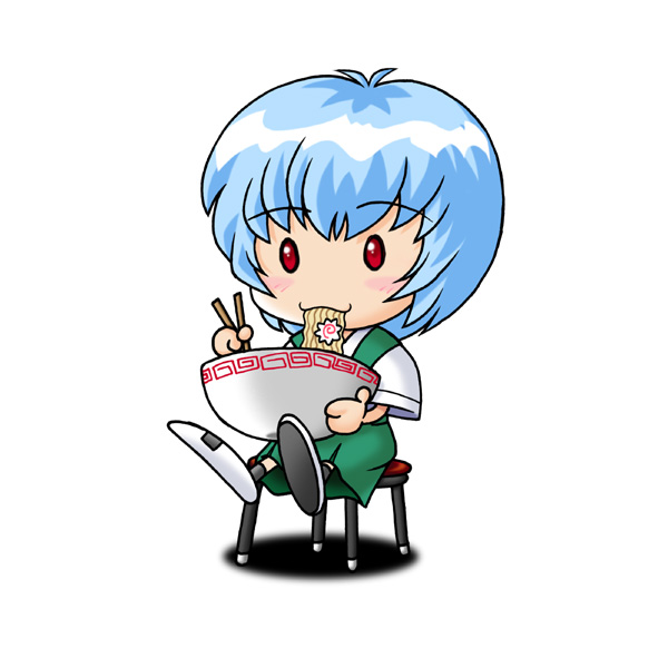 1girl ayanami_rei blue_hair eating neon_genesis_evangelion red_eyes school_uniform seifuku short_hair sitting solo