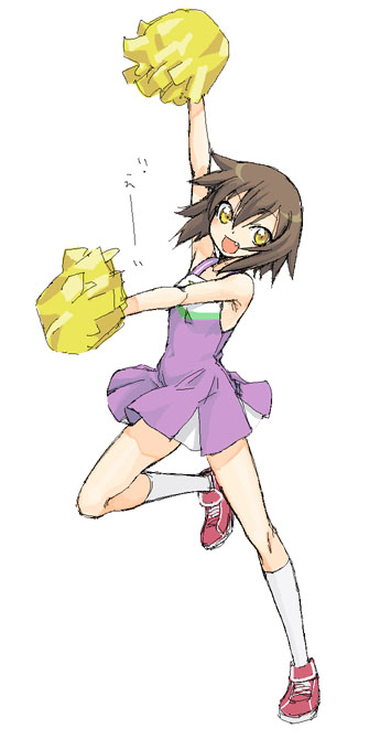 :d arm_up armpits bare_shoulders brown_hair cheerleader dress fang full_body holding kneehighs kusakabe_misao leg_up looking_at_viewer lucky_star open_mouth outstretched_arm pom_poms purple_dress red_footwear satou_atsuki shoes short_dress short_hair simple_background sleeveless sleeveless_dress smile solo standing standing_on_one_leg tareme translation_request white_background white_legwear yellow_eyes
