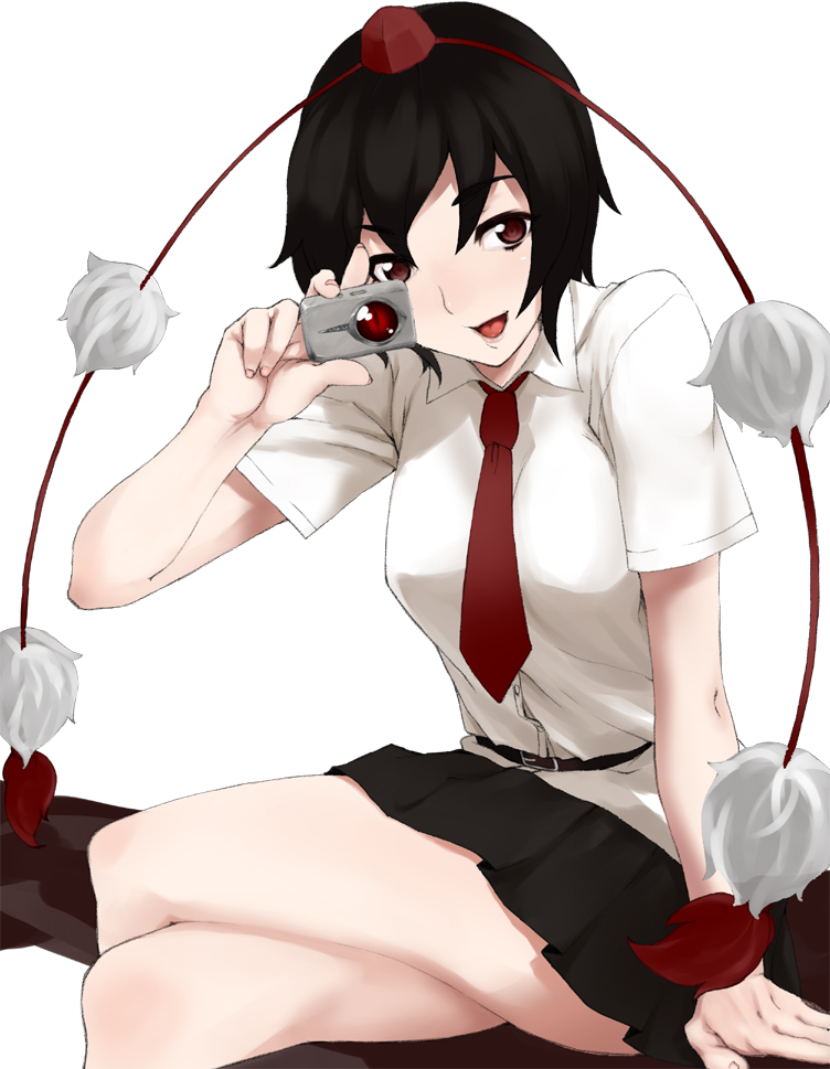 arm_support bad_id bad_pixiv_id black_hair camera crossed_legs face hands hat kirisato_itsuki looking_at_viewer necktie open_mouth red_eyes shameimaru_aya short_hair shorts sitting smile solo touhou