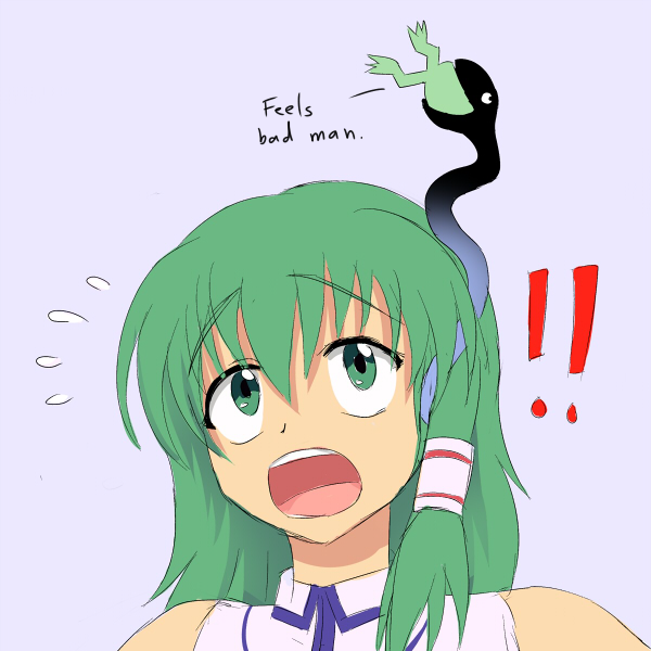 1girl bad_deviantart_id bad_id boy's_club english feels_good_man frog green_eyes green_hair hair_ornament jadf kochiya_sanae meme pepe_the_frog sicp snake solo surprised sweatdrop touhou