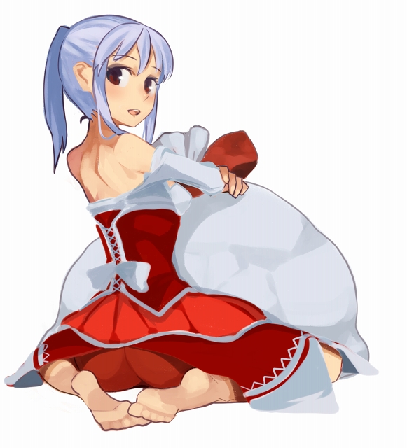 ass barefoot blue_hair character_request christmas fantasy_earth_zero feet looking_back ponytail ryman sack sitting smile solo
