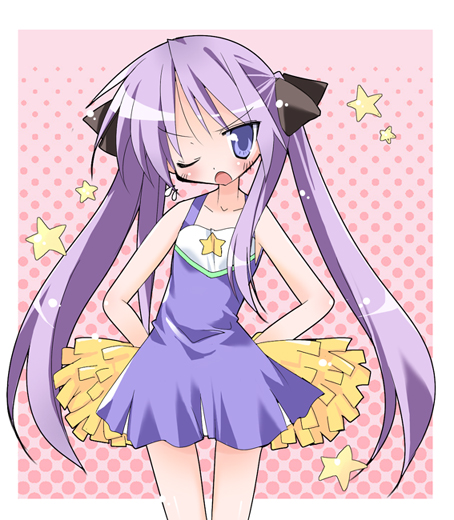 angry bare_shoulders blue_eyes blush cheerleader collarbone frown hair_ribbon hands_on_hips hiiragi_kagami long_hair lucky_star non-web_source one_eye_closed open_mouth pom_poms purple_hair ribbon solo star tsurime twintails very_long_hair