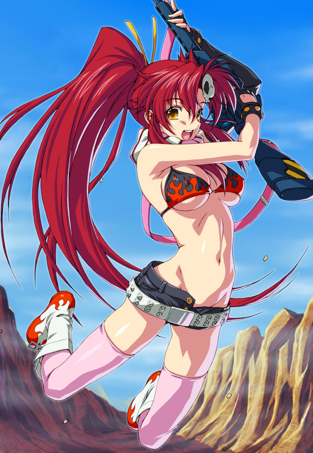 bikini_top breasts day duplicate gun kazuma_muramasa long_hair medium_breasts rifle short_shorts shorts solo tengen_toppa_gurren_lagann thighhighs underboob weapon yoko_littner