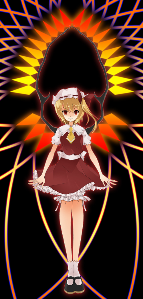 &gt;:) blonde_hair bloomers flandre_scarlet frills glowing hat mary_janes noi one_side_up red_eyes shoes short_hair skirt smile solo standing touhou underwear v-shaped_eyebrows white_bloomers wings