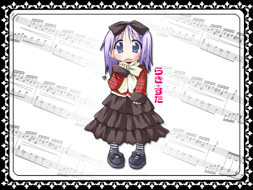 artist_request blue_eyes bow bowtie full_body hiiragi_tsukasa layered_skirt long_sleeves looking_at_viewer lucky_star pink_hair short_hair solo