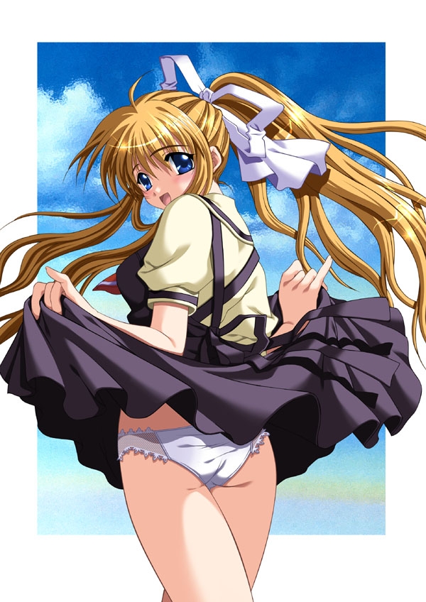 air artist_request blonde_hair blue_eyes blush kamio_misuzu long_hair panties pantyshot school_uniform skirt skirt_lift solo underwear very_long_hair