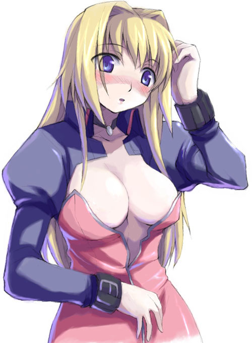 blonde_hair blue_eyes blush breasts cleavage copyright_request hisakawa_chin large_breasts long_hair simple_background solo