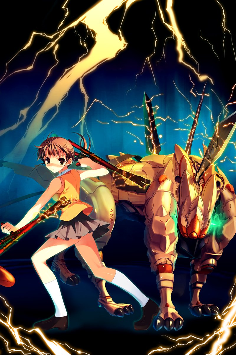artist_request bare_shoulders blush brown_eyes brown_hair creature electricity fighting_stance full_body highres higurashi_akane kneehighs loafers looking_at_viewer my-hime shoes sleeveless solo standing thighs white_legwear