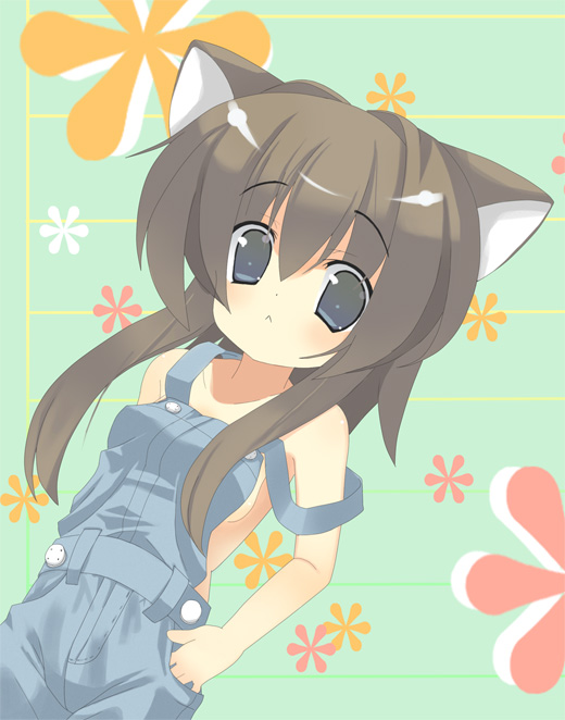 animal_ears bare_shoulders blue_eyes buttons cat_ears collarbone dutch_angle eyebrows eyebrows_visible_through_hair green_background hands_on_hips looking_at_viewer omiso_(omiso) original overalls simple_background solo