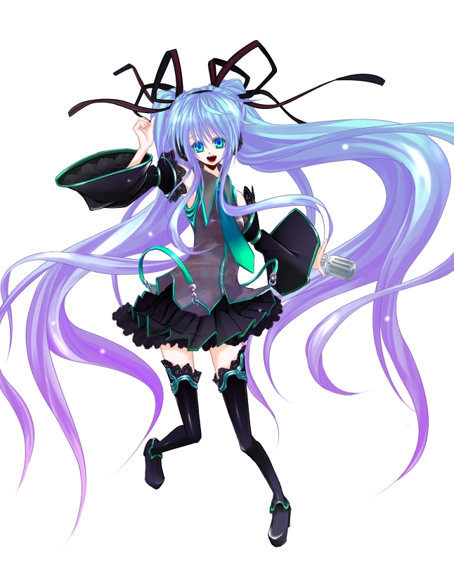 beshi boots detached_sleeves hair_ribbon hatsune_miku headphones long_hair microphone multicolored_hair necktie open_mouth ribbon skirt solo thighhighs twintails two-tone_hair very_long_hair vocaloid zettai_ryouiki